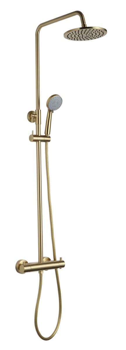 VOS Thermostatic Bar Valve with 2 Outlets, Adjustable Riser and Shower Kit Brushed Brass