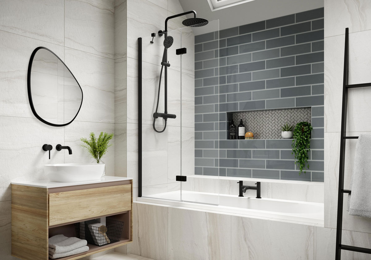 Two Panel In-Fold 6mm Bath Screen Matt Black (LH)