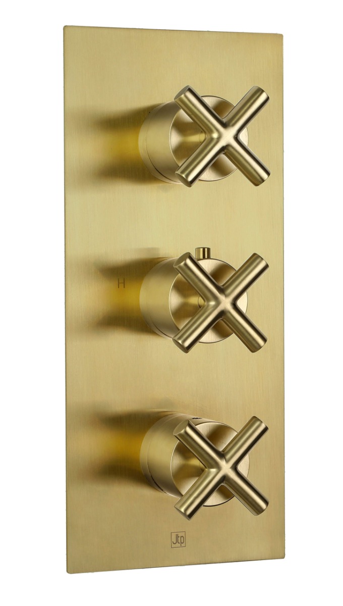 Solex thermostatic concealed 3 outlet shower valve, vertical Brushed Brass
