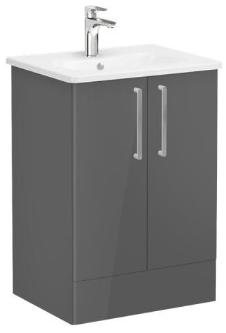 Root Flat Washbasin Unit & Basin 60cm, High Gloss Anthracite, with doors ,floor-standing