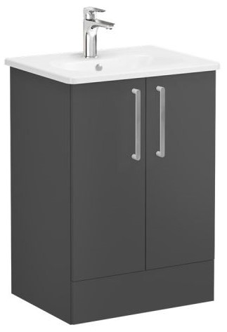 Root Flat Washbasin Unit & Basin 60cm, Matt Storm Grey, with doors ,floor-standing
