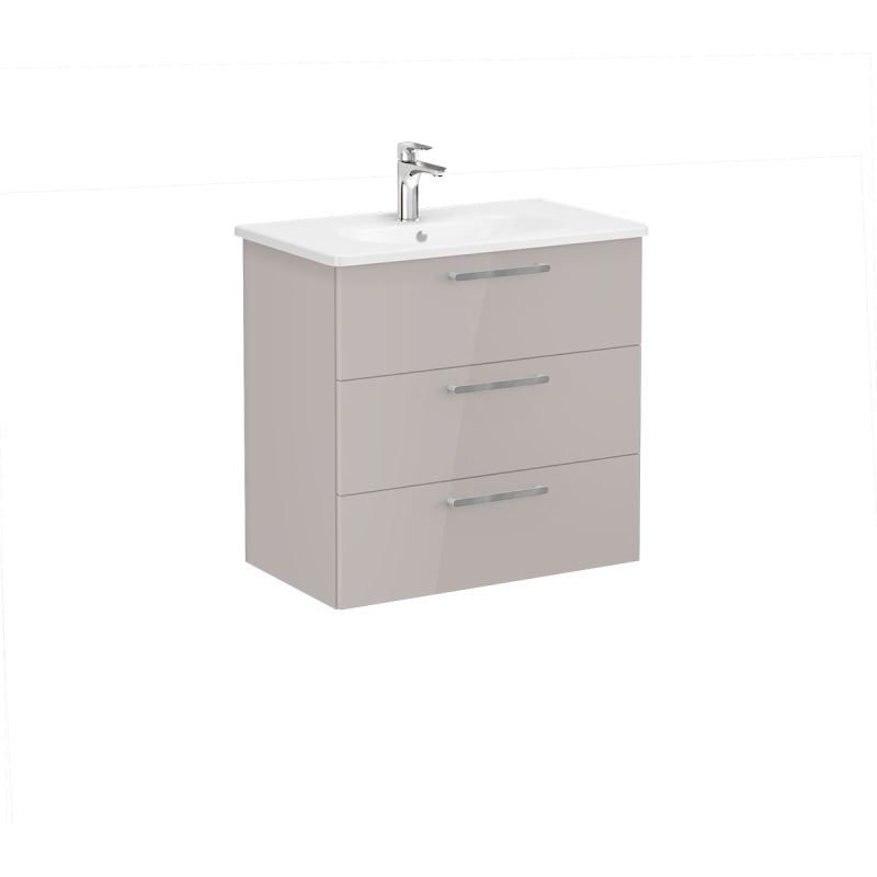 Root Flat Washbasin Unit 80cm, High Gloss Sahara Beige, with three drawers