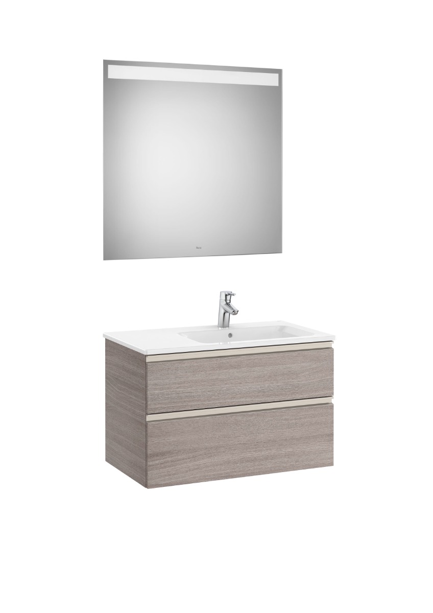 Roca - Pack (base unit with two drawers, right hand basin and LED mirror)-CITY OAK