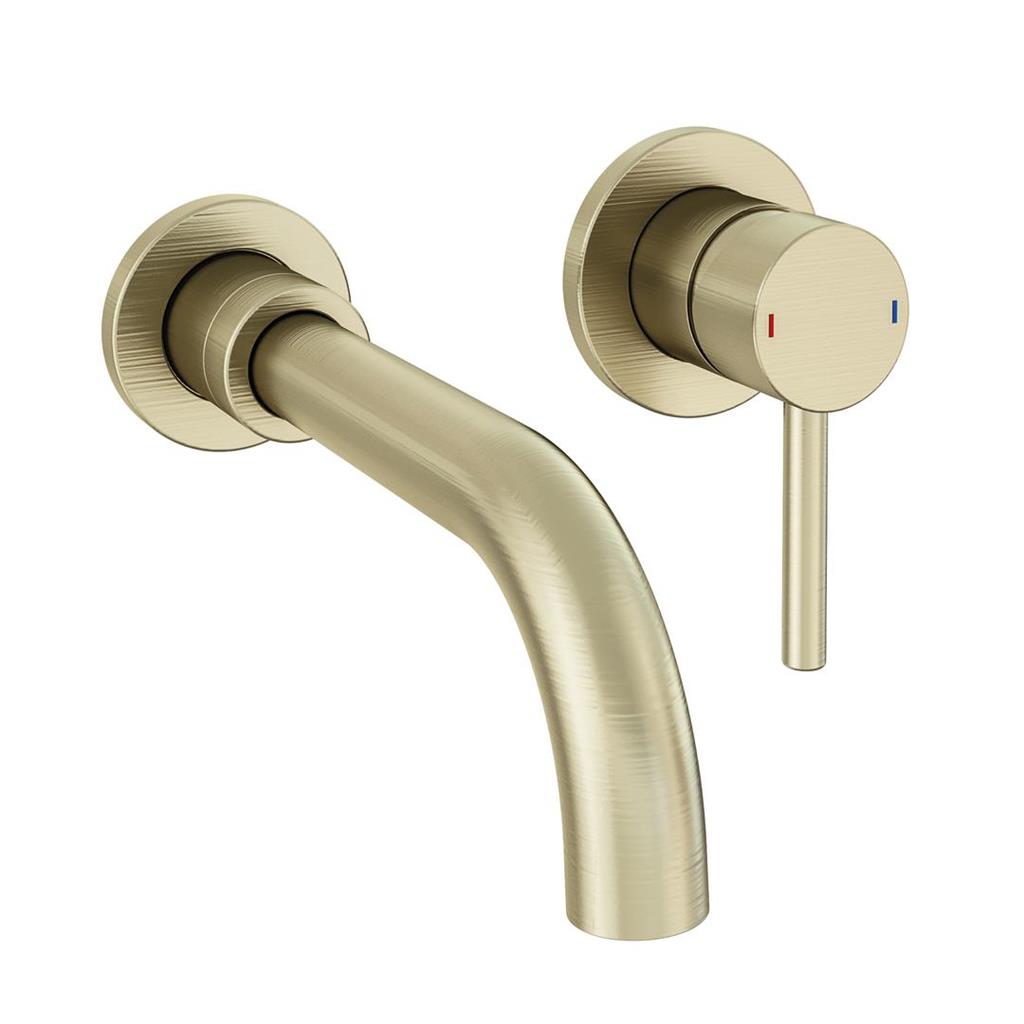 Meriden Wall Mounted Basin Mixer Tap with Curved Spout Brushed Brass