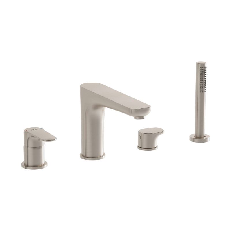 Root Round Bath Mixer Brushed Nickel, Deck-mounted bath mixer, with hand shower, 4 tap hole, round