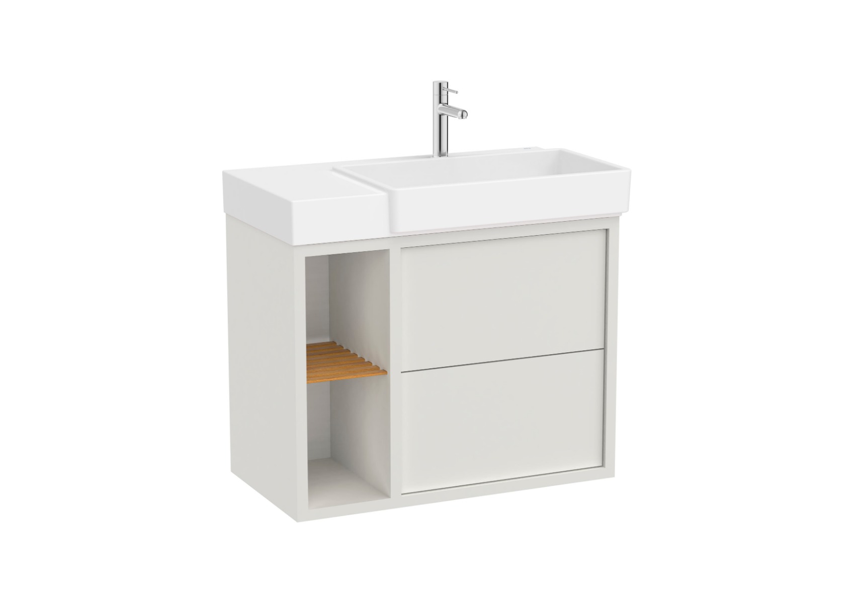 Tura 800mm (Asymmetric vanity unit with two drawers, side shelves and basin on the right) - Off White