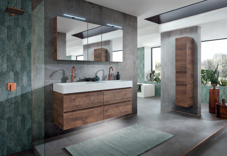 Pcon Select I Double Vanity Unit 1400mm, Side units & Mirror Cabinet - Oak Ribbeck 