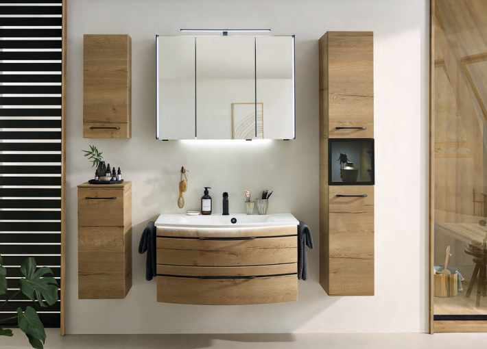 Series 7045 Vanity Unit 890mm, Side units & Mirror Cabinet - Halifax oak