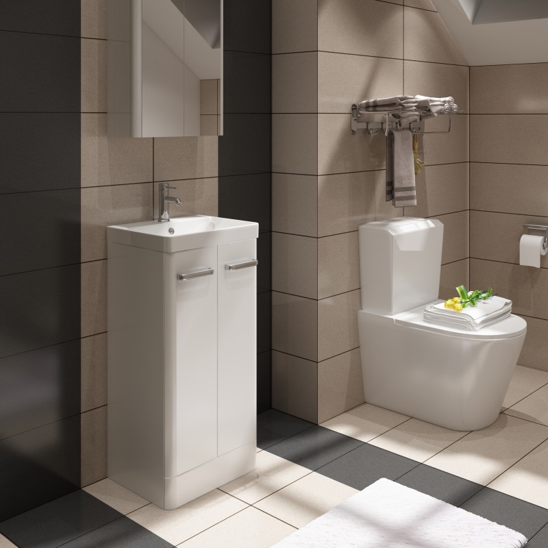 Charm floor standing (2 Door) Unit & Ceramic Basin. Colour - High Gloss white. B (CHA400F)