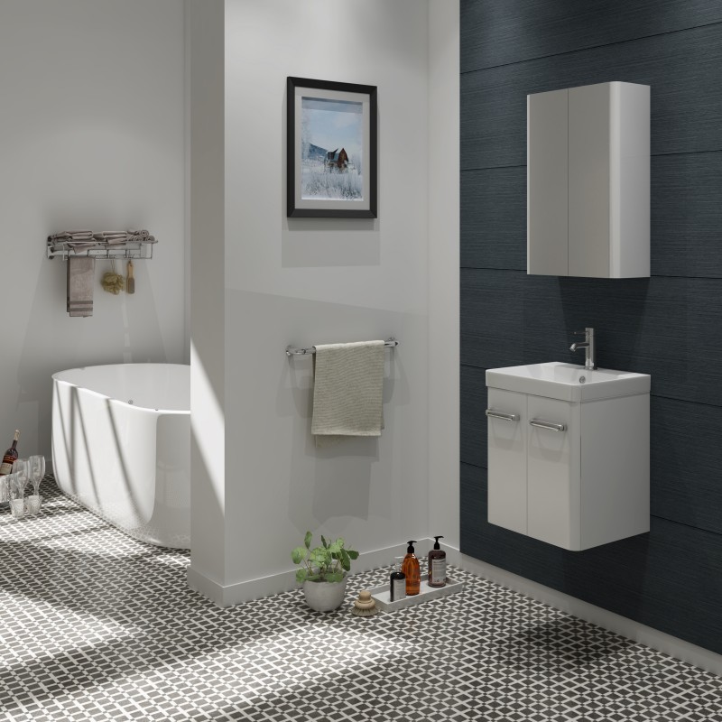 Charm Wall Mounted (2 Door) Unit & Ceramic Basin. Colour - High Gloss white. Bas (CHA400W)