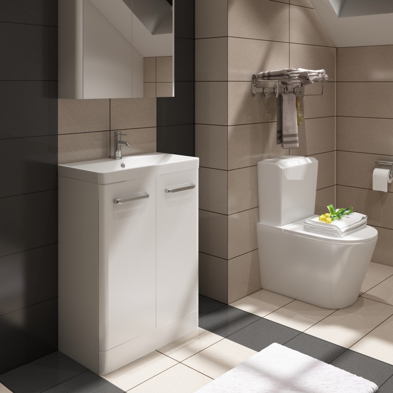 Charm Floor Standing (2 Door) Unit & Ceramic Basin. Colour - High Gloss White. B (CHA600F)