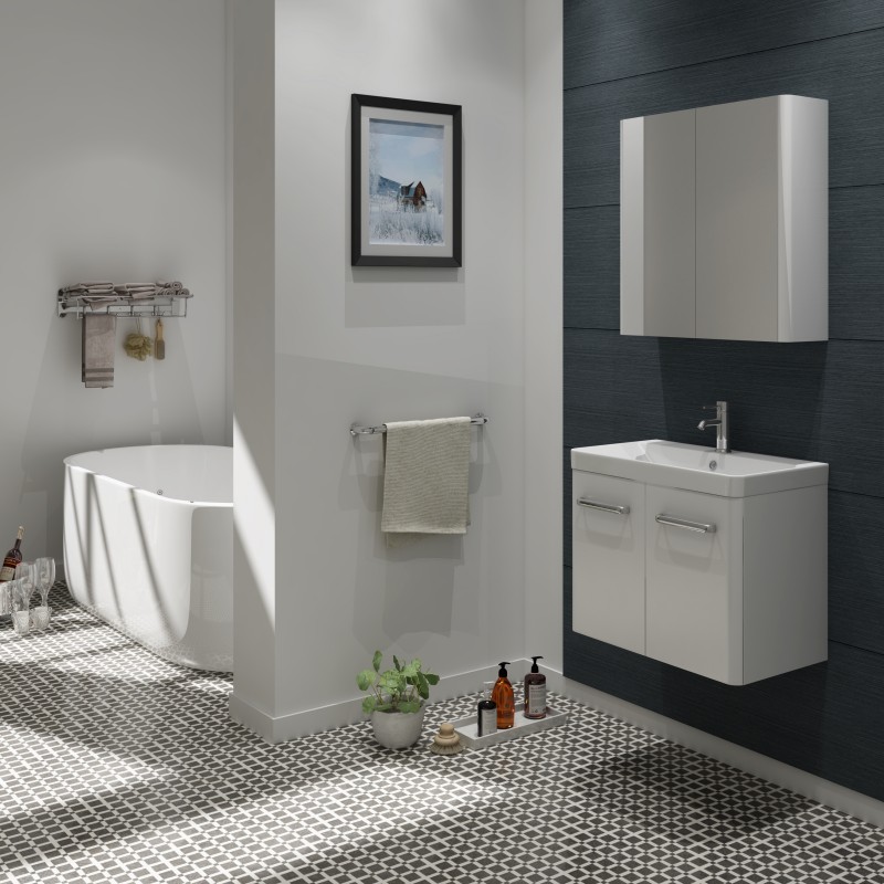 Charm Wall Mounted ( 2 Door) unit & Ceramic Basin. Colour - High Gloss White. Ba (CHA600W)