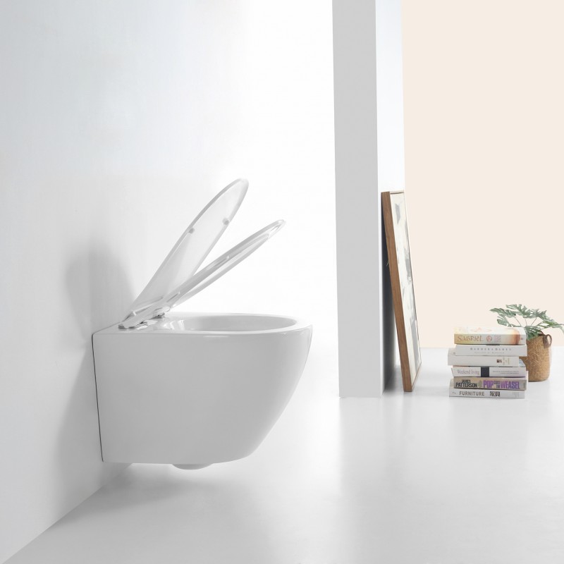 Comfort short projection rimless wall hung wc pan with soft close seat & wall fi (COM001)