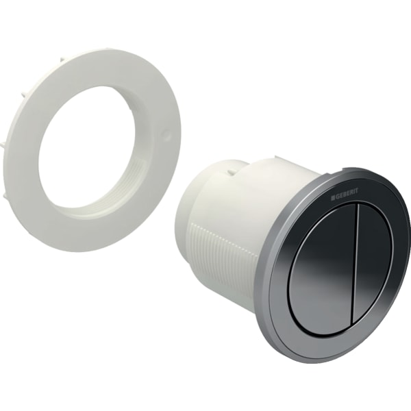 Geberit remote flush actuation type 10, pneumatic, for dual flush, furniture actuator: brushed stainless steel finish, high-gloss polished 