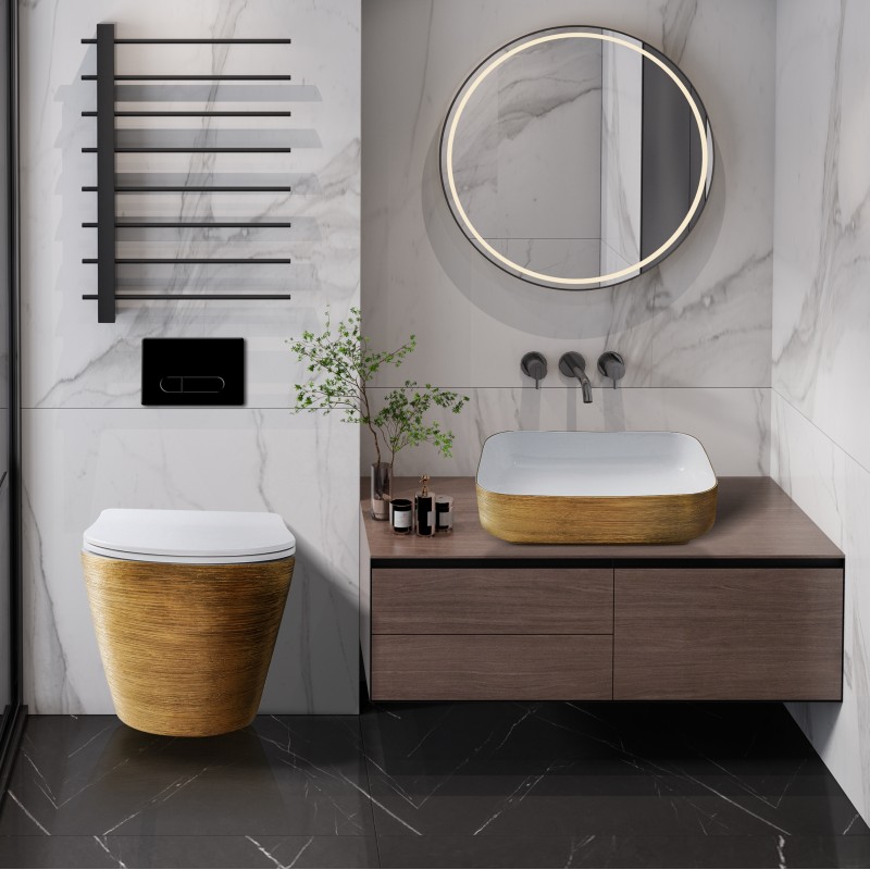 Onyx d-shape, rimless wall hung pan & seat White and Gold (WG-R001)