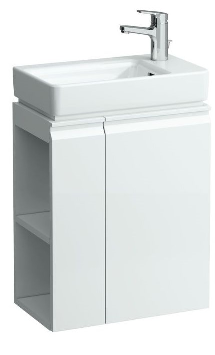 Vanity unit, 1 door, right hinged, shelf left, open-sided, matches washbasin 815954 - WHITE
