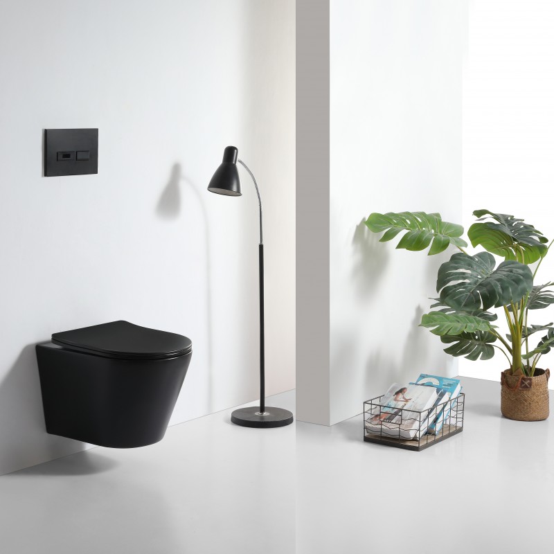Onyx rimless wall hung WC pan with soft close seat - Matt Black (ONX-N01)