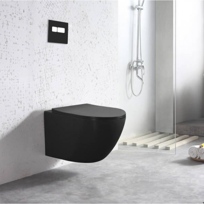 Onyx d-shape, rimless wall hung pan & seat cover - Matt Black (ONX-R001)