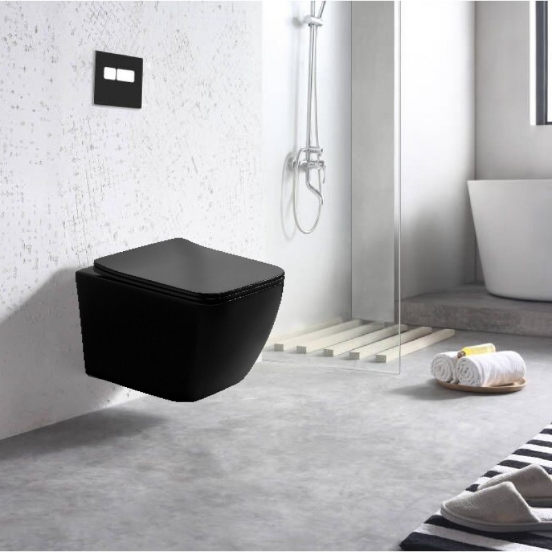 Onyx square rimless wall hung pan & seat cover - Matt Black (ONX-S001)