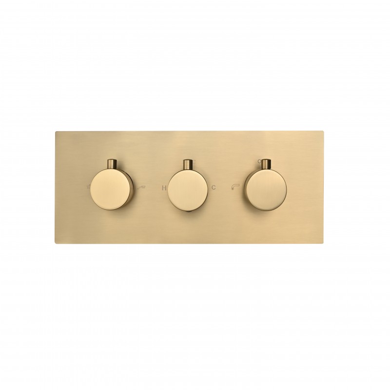 Round three handle thermostatic shower valve (Horizontal), 3-outlet Brush Gold (RTV4-H-BG)