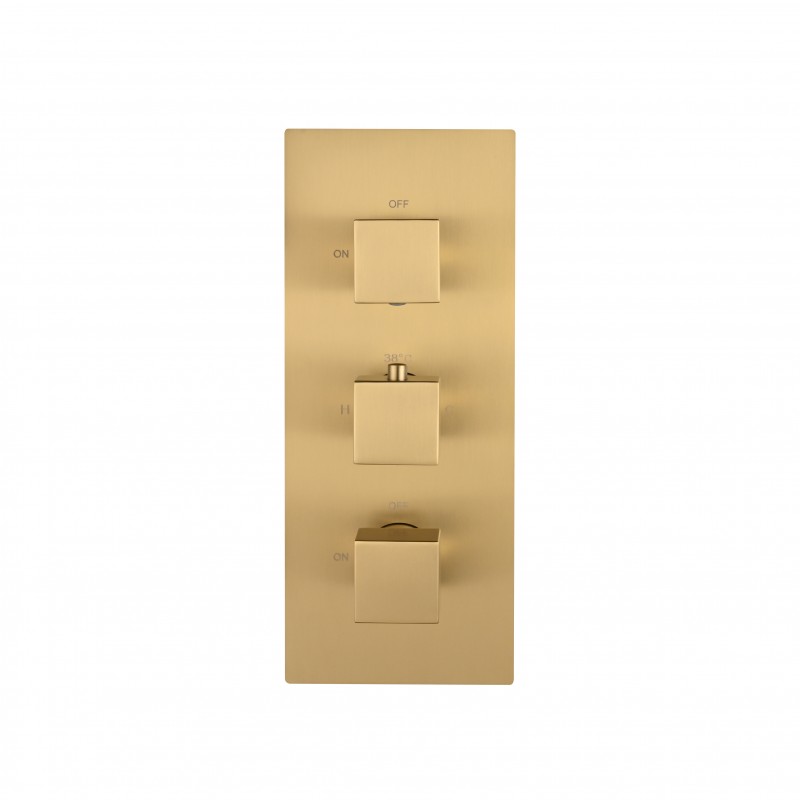 Square three handle thermostatic shower valve (Vertical), 2-outlet Brush Gold (STV3-BG)
