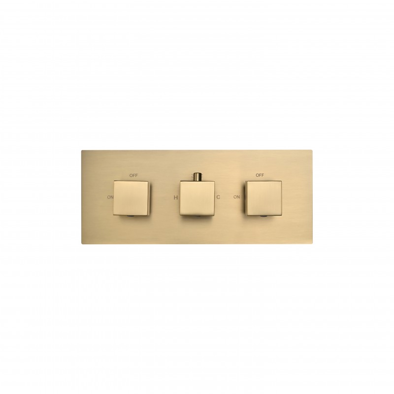 Square three handle thermostatic shower valve (Horizontal), 2-outlet Brush Gold (STV3-H-BG)