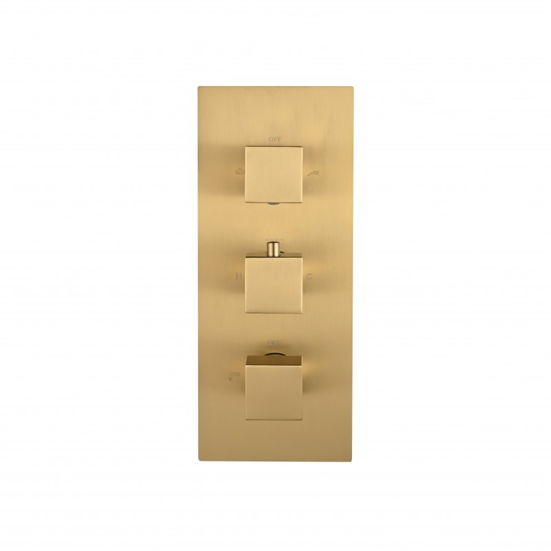 Square three handle thermostatic shower valve (Vertical), 3-outlet Brush Gold (STV4-BG)