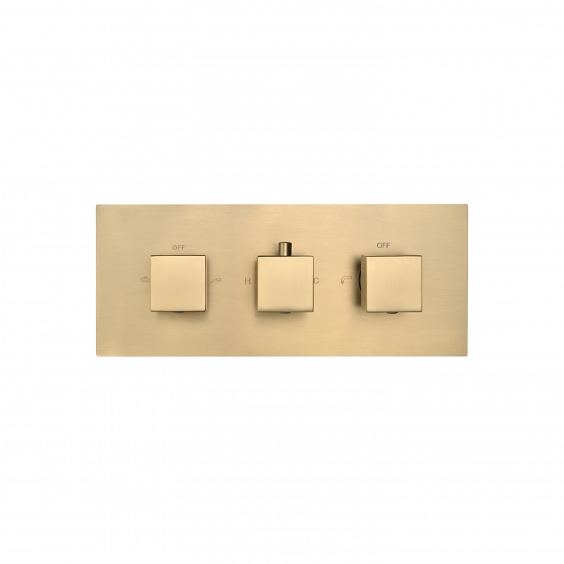 Square three handle thermostatic shower valve (Horizontal), 3-outlet Brush Gold (STV4-H-BG)